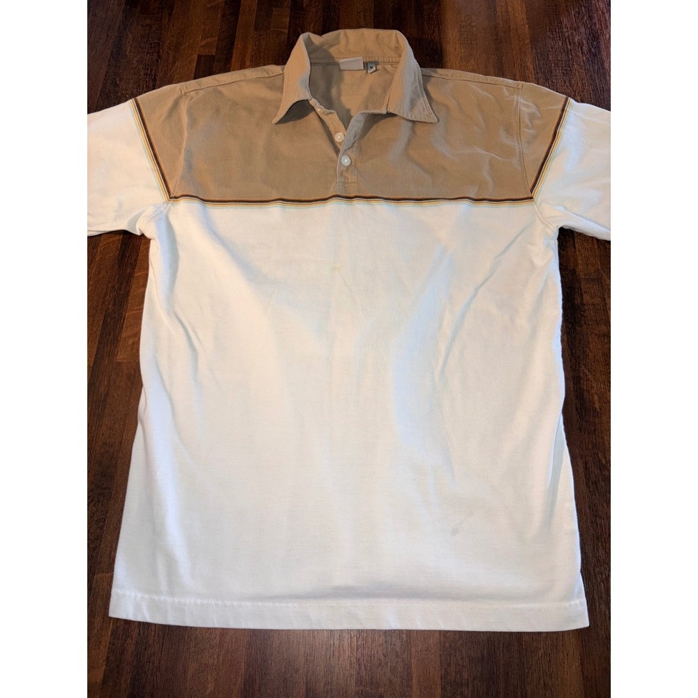 Burnside Mens Polo Shirt Medium White Tan Colorblock Striped Short Sleeve Casual
